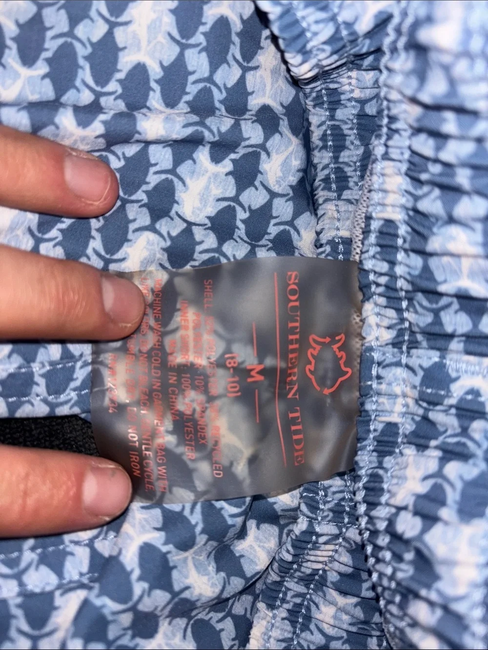 Southern Tide Blue Patterned Kids Swim Trunks with Pink Drawstring